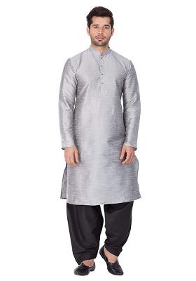 Steel Grey Embroidery Sequins Work Dupion Silk Blend Kurta Set For Men