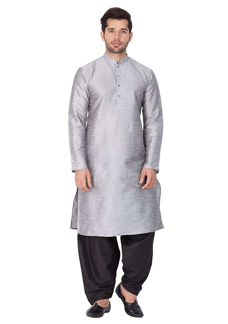 Steel Grey Embroidery Sequins Work Dupion Silk Blend Kurta Set For Men - Indya