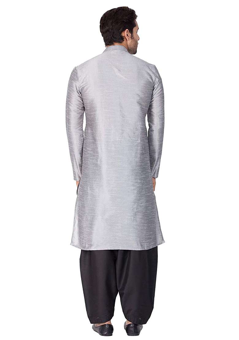 Steel Grey Embroidery Sequins Work Dupion Silk Blend Kurta Set For Men - Indya