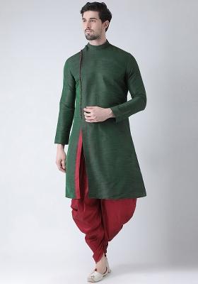 Green Embroidery Sequins Work Dupion Silk Kurta Set For Men