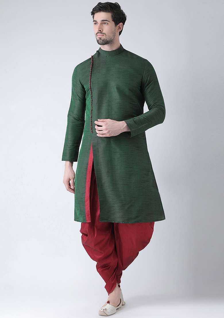 Green Embroidery Sequins Work Dupion Silk Blend Kurta Set For Men - Indya