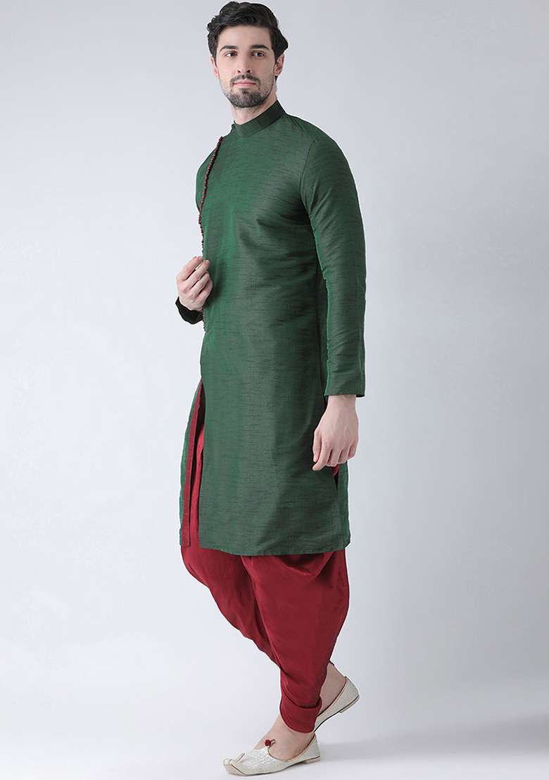 Green Embroidery Sequins Work Dupion Silk Blend Kurta Set For Men - Indya