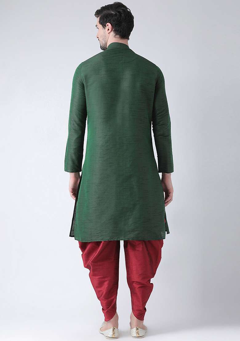 Green Embroidery Sequins Work Dupion Silk Blend Kurta Set For Men - Indya