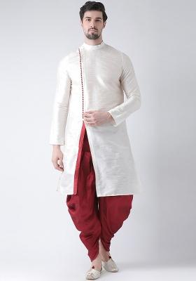 White Embroidery Sequins Work Dupion Silk Kurta Set For Men
