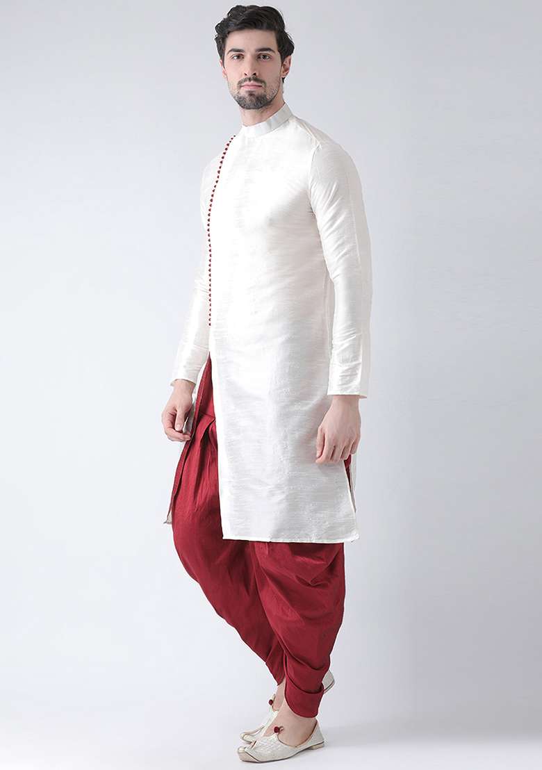 White Embroidery Sequins Work Dupion Silk Blend Kurta Set For Men - Indya