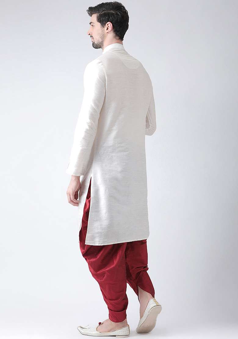 White Embroidery Sequins Work Dupion Silk Blend Kurta Set For Men - Indya