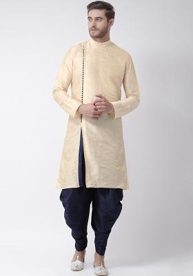 Cream Embroidery Sequins Work Dupion Silk Blend Kurta Set For Men