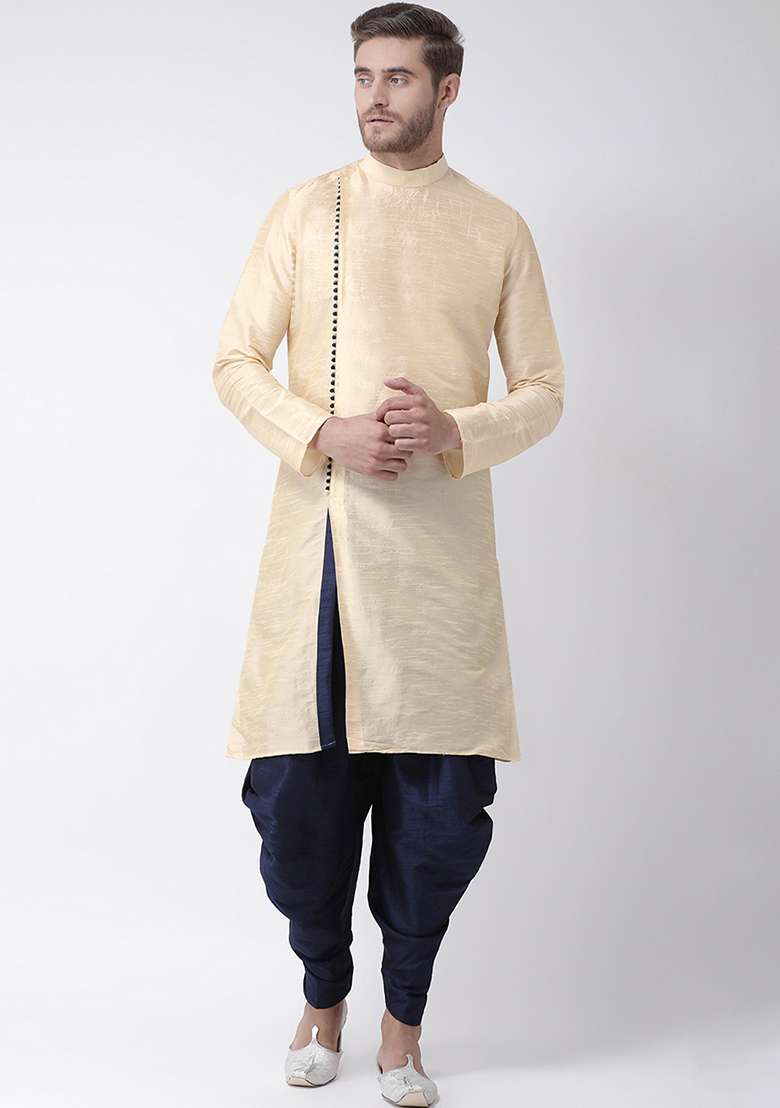 Cream Embroidery Sequins Work Dupion Silk Blend Kurta Set For Men - Indya