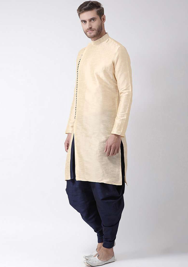 Cream Embroidery Sequins Work Dupion Silk Blend Kurta Set For Men - Indya