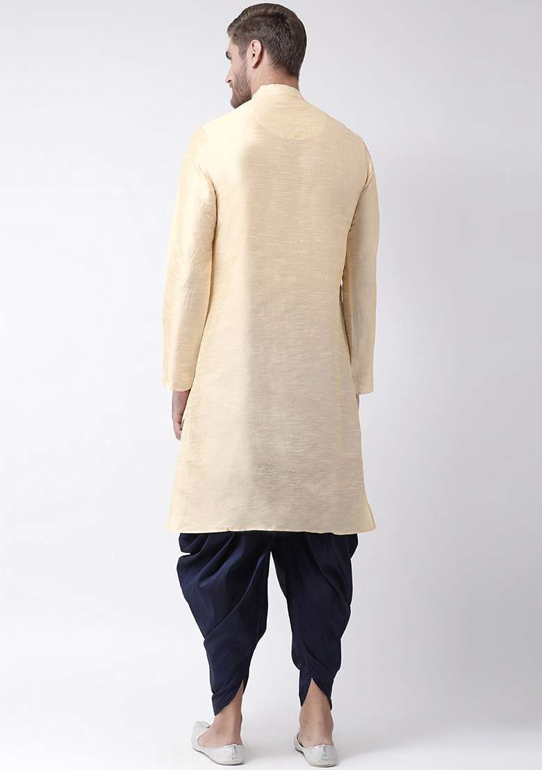 Cream Embroidery Sequins Work Dupion Silk Blend Kurta Set For Men - Indya