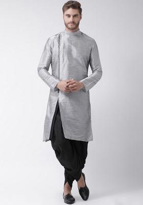 Grey Embroidery Sequins Work Dupion Silk Blend Kurta Set For Men