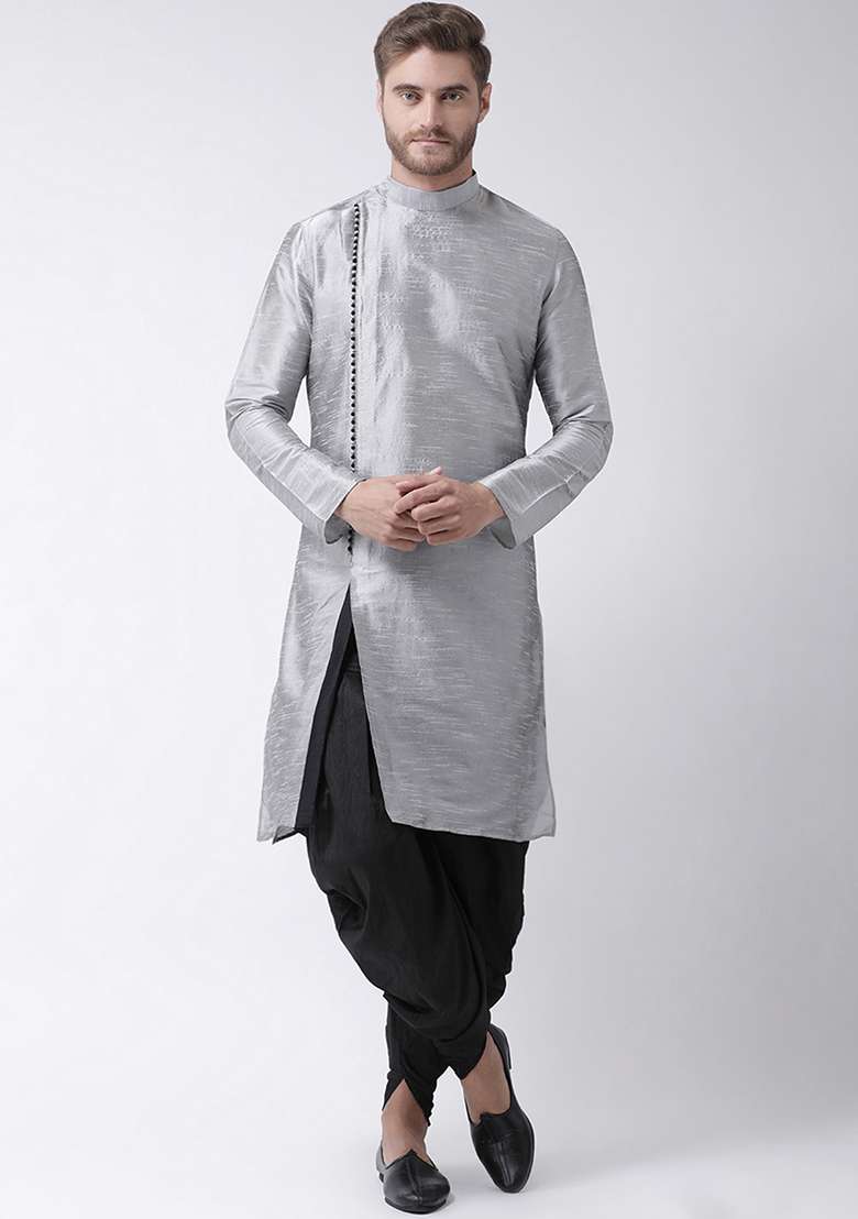 Grey Embroidery Sequins Work Dupion Silk Blend Kurta Set For Men - Indya