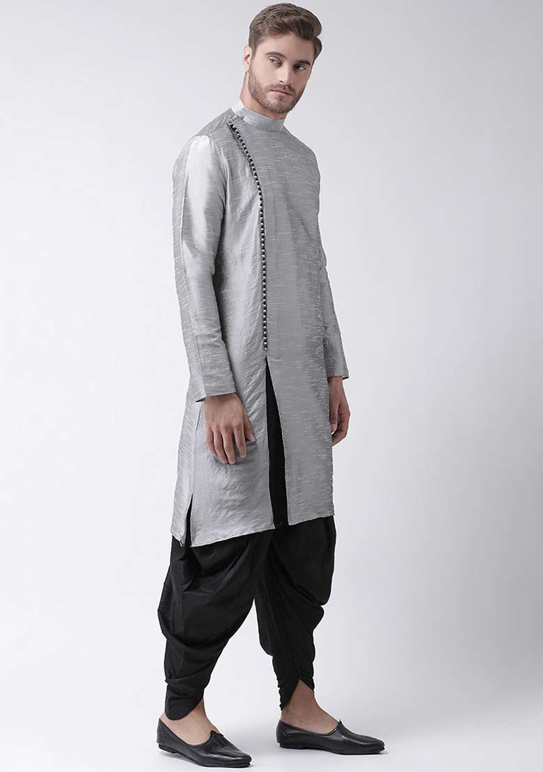 Grey Embroidery Sequins Work Dupion Silk Blend Kurta Set For Men - Indya