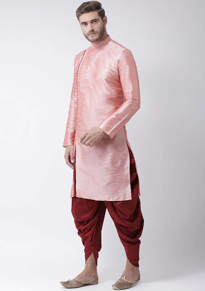 Pink Embroidery Sequins Work Dupion Silk Blend Kurta Set For Men - Indya