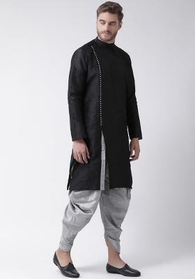 Black Embroidery Sequins Work Dupion Silk Kurta Set For Men