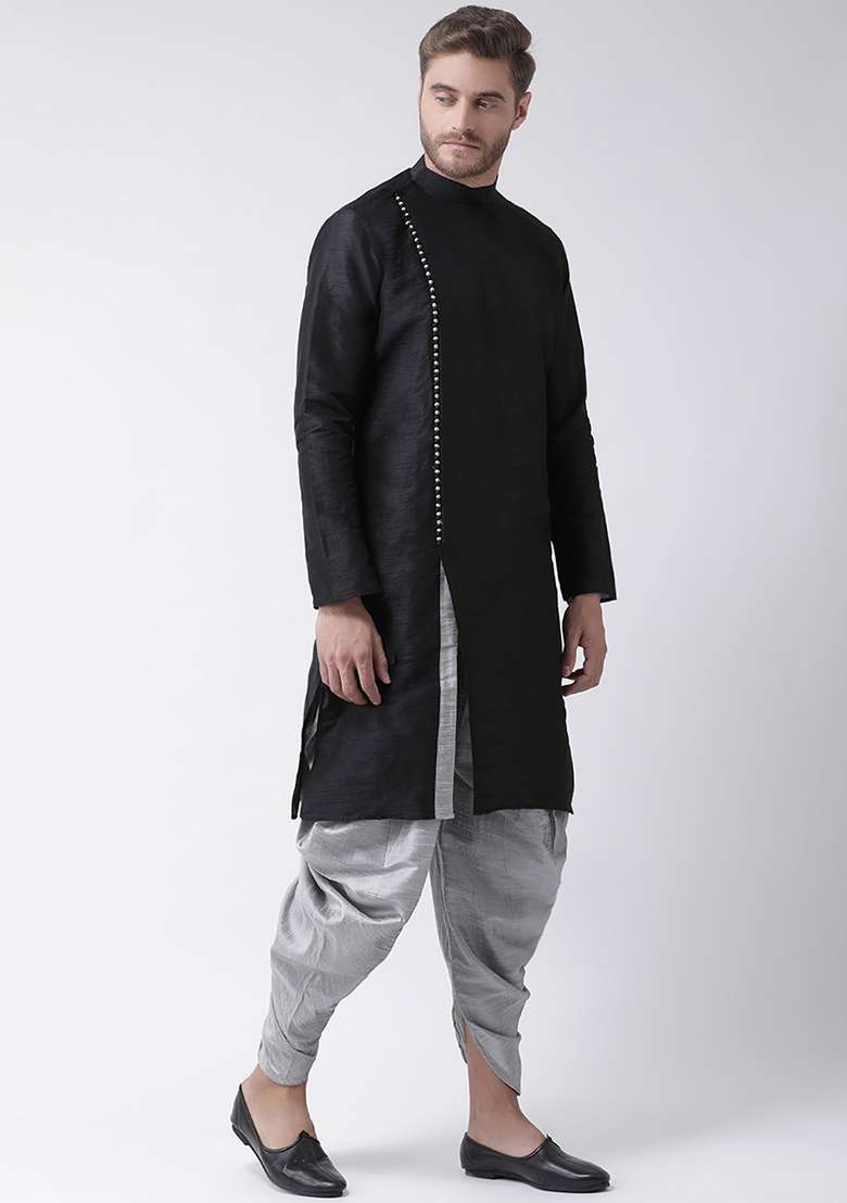 Black Embroidery Sequins Work Dupion Silk Blend Kurta Set For Men - Indya