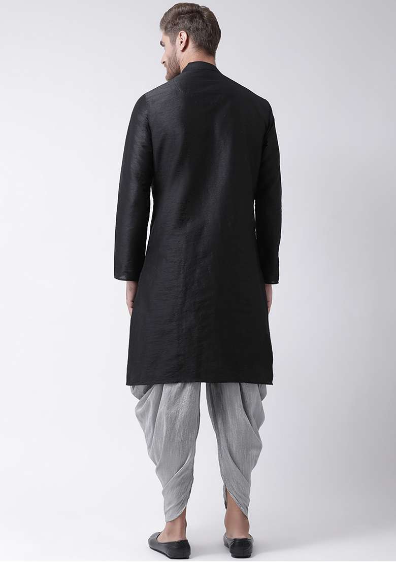 Black Embroidery Sequins Work Dupion Silk Blend Kurta Set For Men - Indya