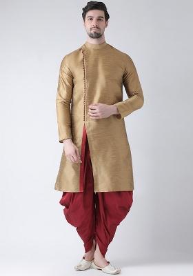 Golden Embroidery Sequins Work Dupion Silk Blend Kurta Set For Men
