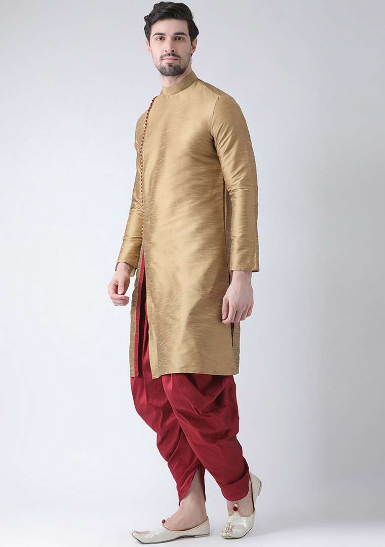 Golden Embroidery Sequins Work Dupion Silk Blend Kurta Set For Men - Indya