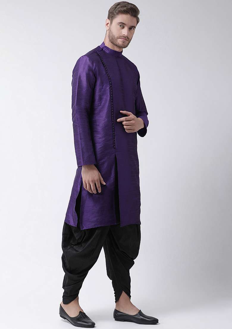 Purple Embroidery Sequins Work Dupion Silk Blend Kurta Set For Men - Indya
