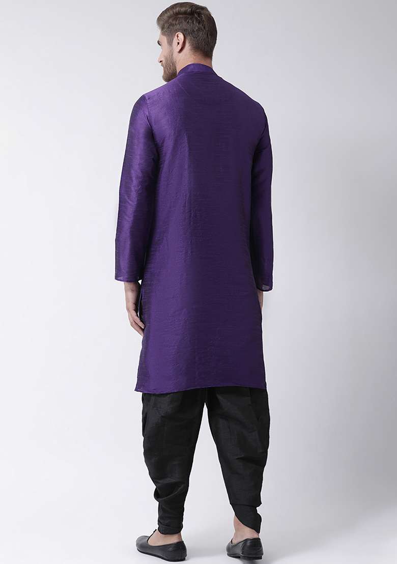 Purple Embroidery Sequins Work Dupion Silk Blend Kurta Set For Men - Indya