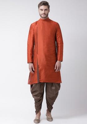 Rust Embroidery Sequins Work Dupion Silk Kurta Set For Men
