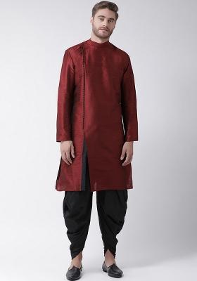 Maroon Embroidery Sequins Work Dupion Silk Kurta Set For Men