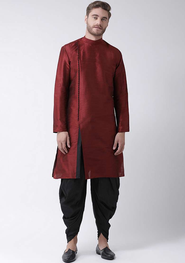 Maroon Embroidery Sequins Work Dupion Silk Blend Kurta Set For Men - Indya