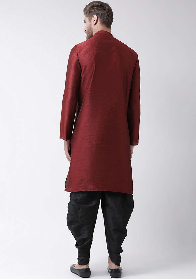Maroon Embroidery Sequins Work Dupion Silk Blend Kurta Set For Men - Indya