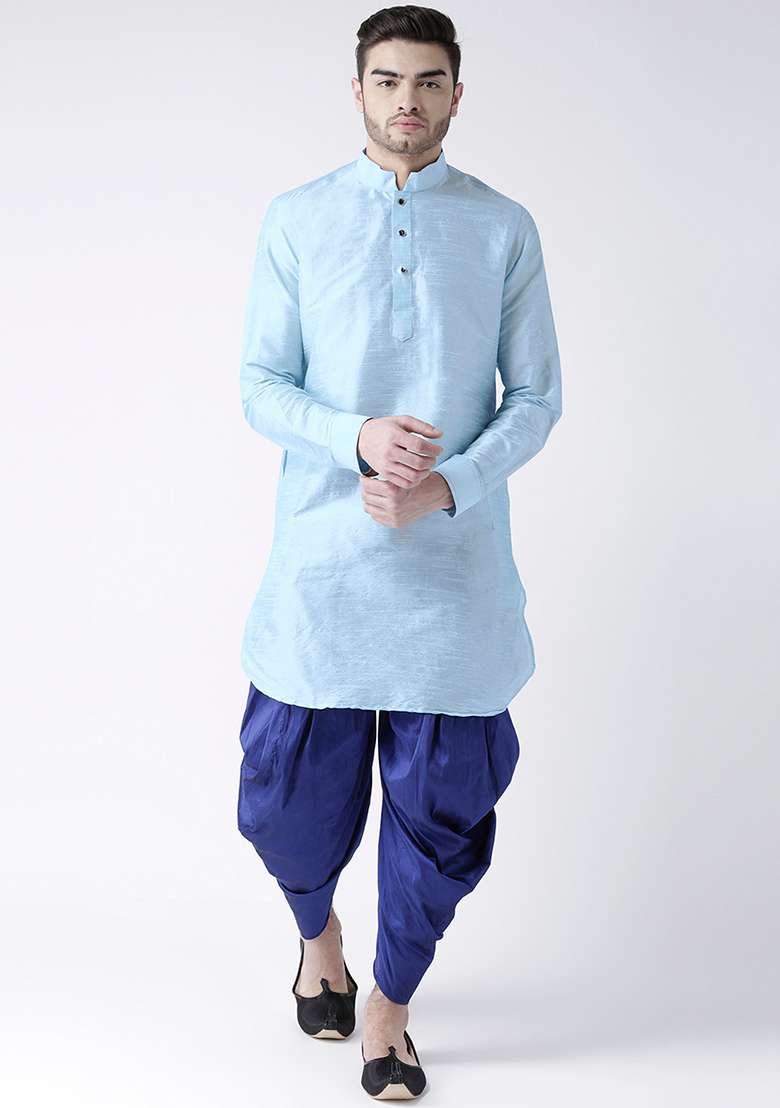 Sky Blue Embroidery Sequins Work Dupion Silk Blend Kurta Set For Men - Indya
