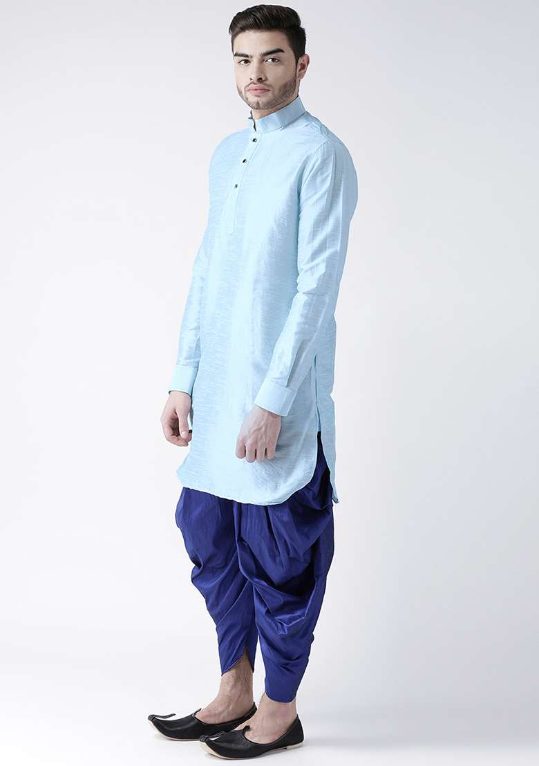 Sky Blue Embroidery Sequins Work Dupion Silk Blend Kurta Set For Men - Indya