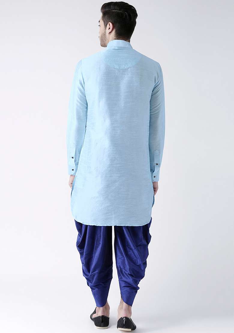 Sky Blue Embroidery Sequins Work Dupion Silk Blend Kurta Set For Men - Indya