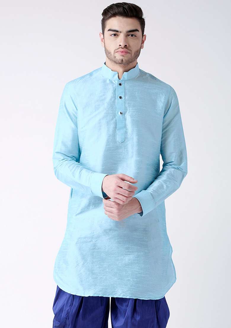 Sky Blue Embroidery Sequins Work Dupion Silk Blend Kurta Set For Men - Indya