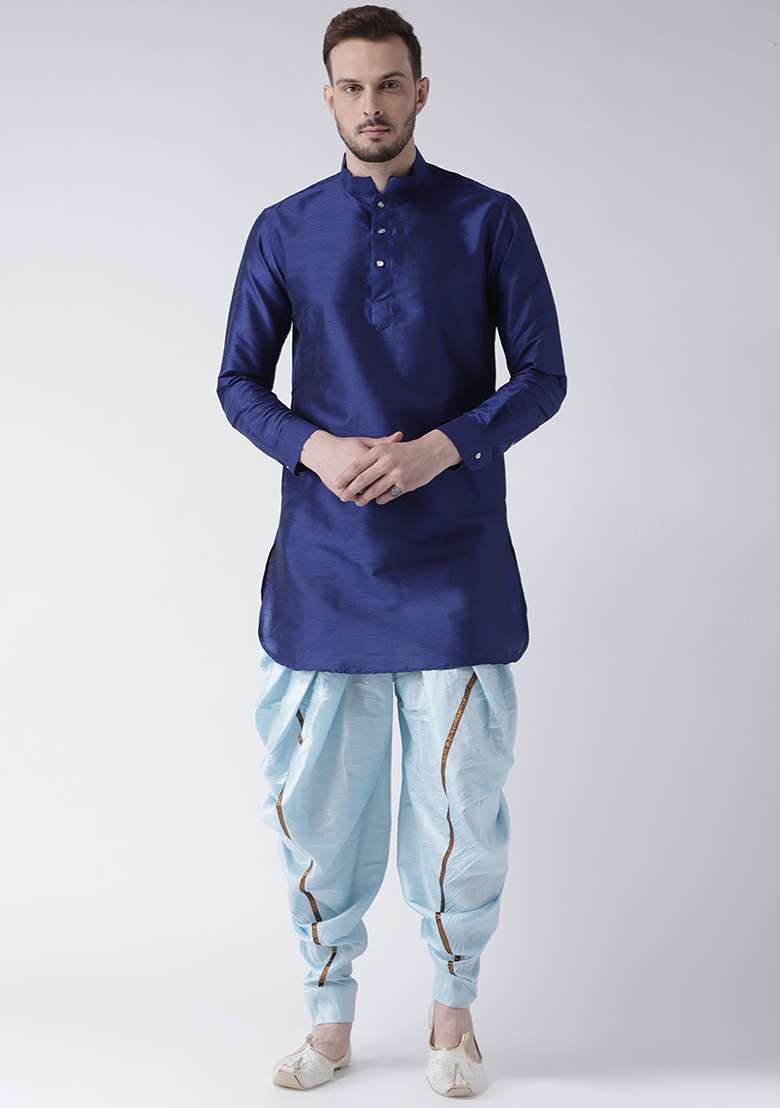 Royal Blue Embroidery Sequins Work Dupion Silk Blend Kurta Set For Men - Indya