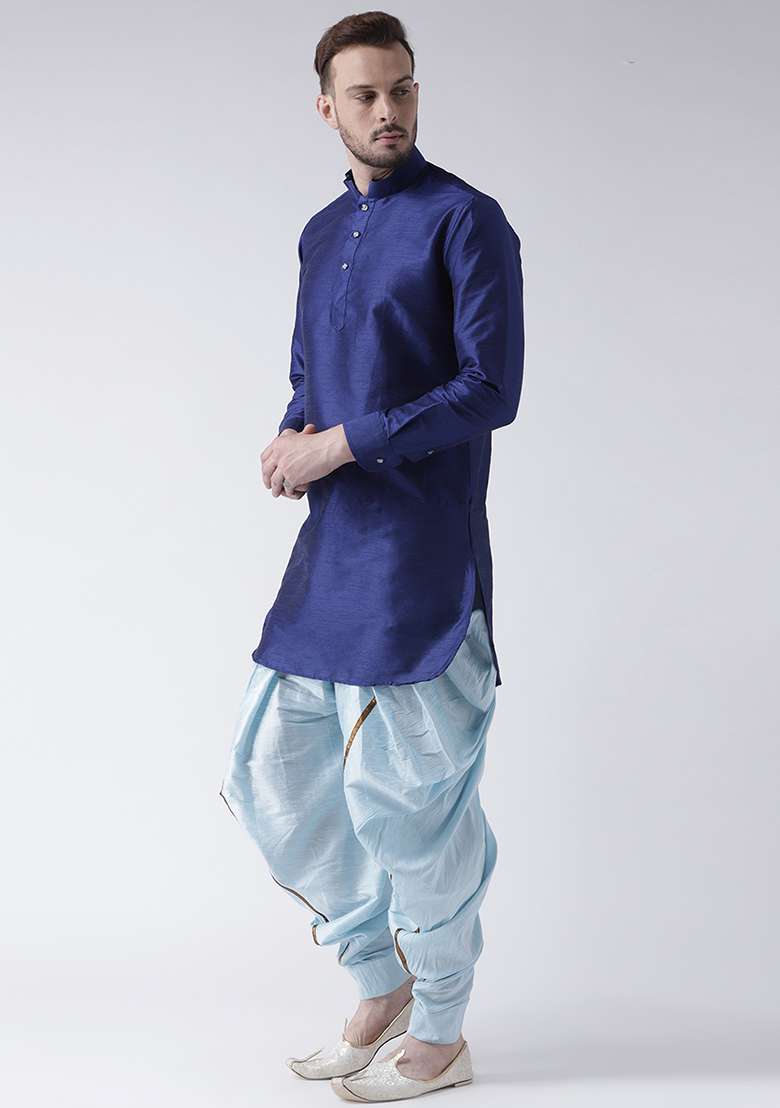 Royal Blue Embroidery Sequins Work Dupion Silk Blend Kurta Set For Men - Indya