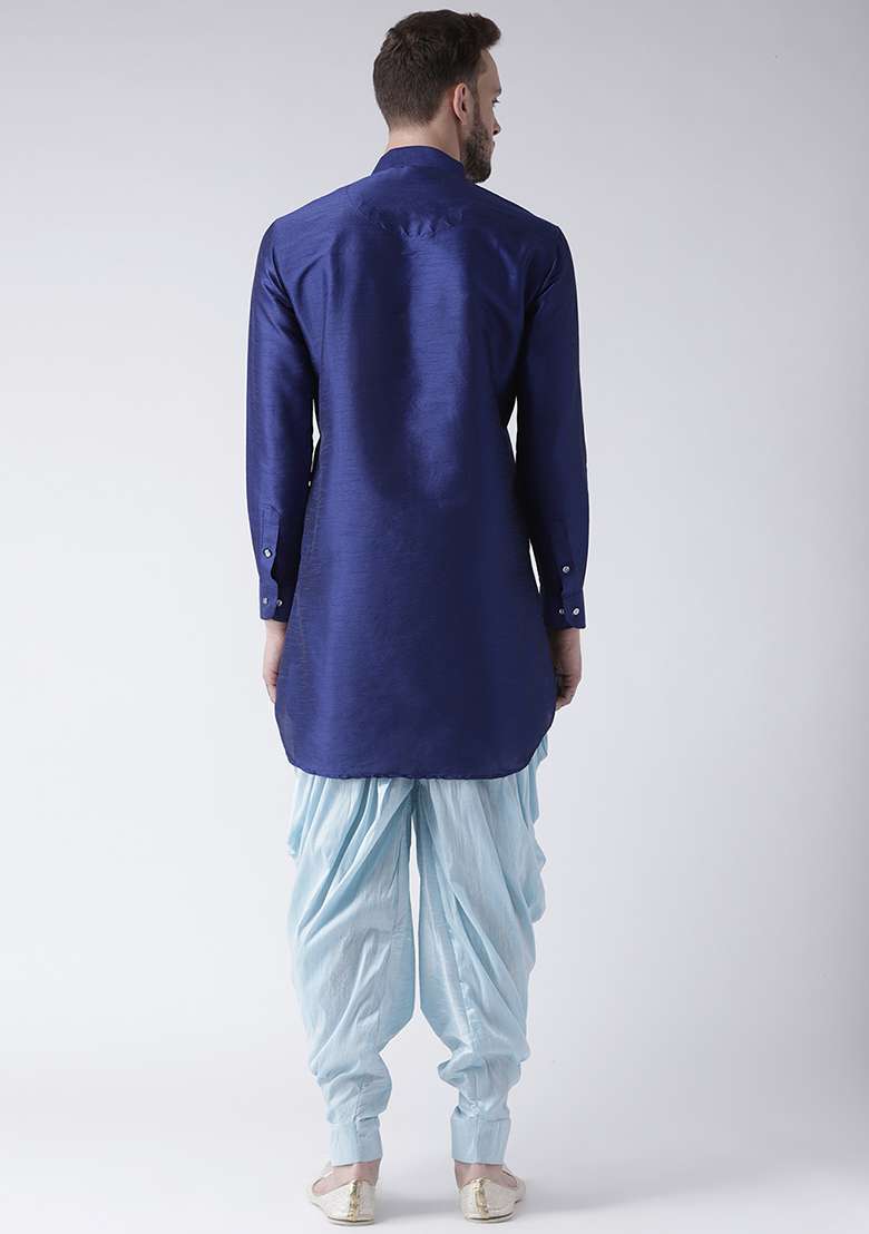 Royal Blue Embroidery Sequins Work Dupion Silk Blend Kurta Set For Men - Indya
