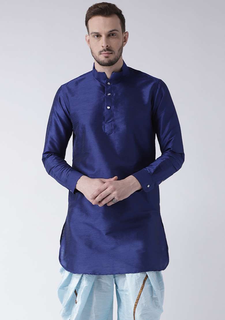 Royal Blue Embroidery Sequins Work Dupion Silk Blend Kurta Set For Men - Indya