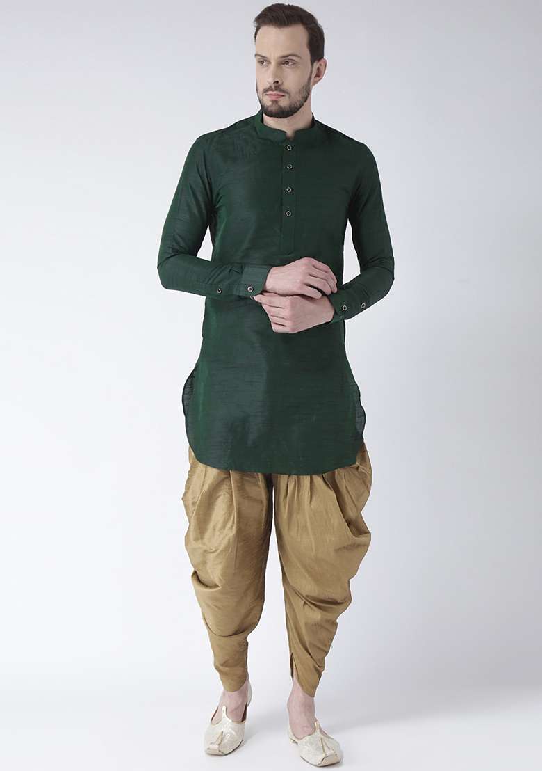 Green Embroidery Sequins Work Dupion Silk Blend Kurta Set For Men - Indya