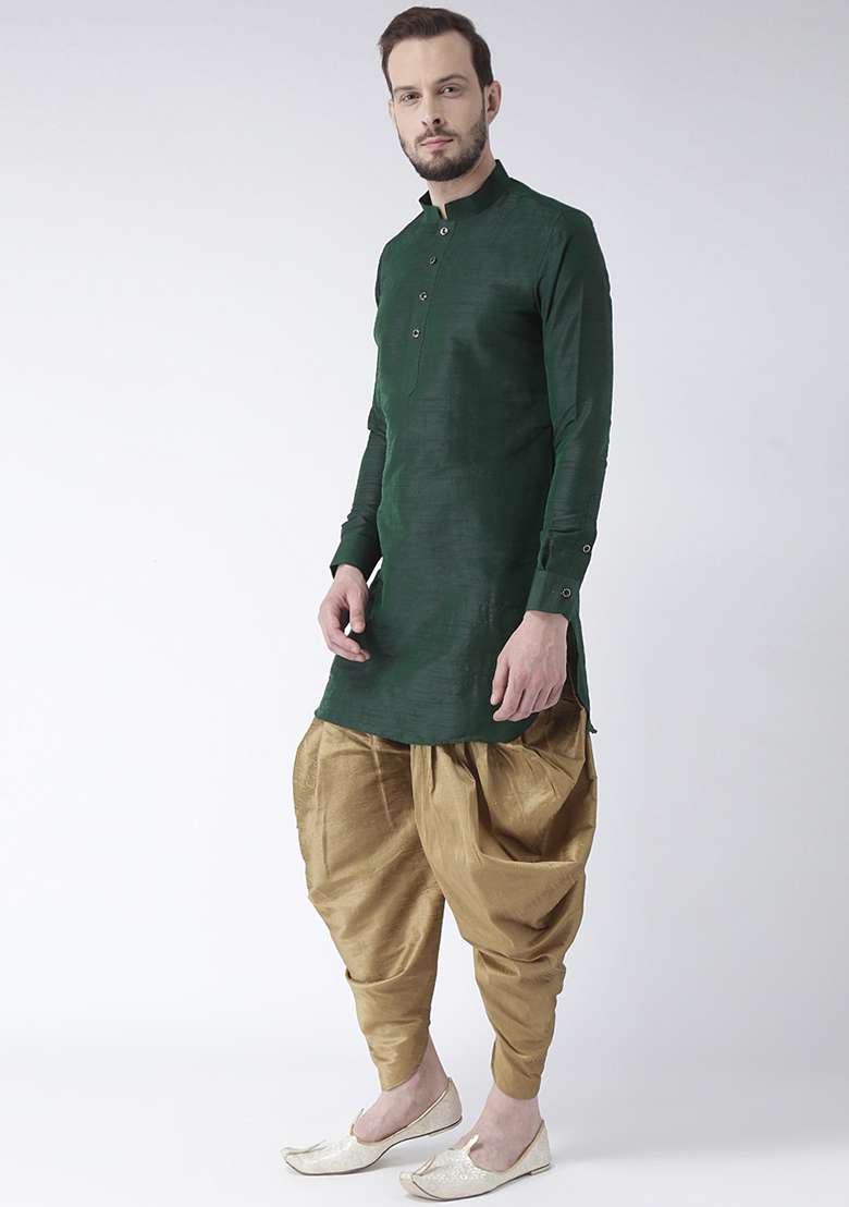 Green Embroidery Sequins Work Dupion Silk Blend Kurta Set For Men - Indya