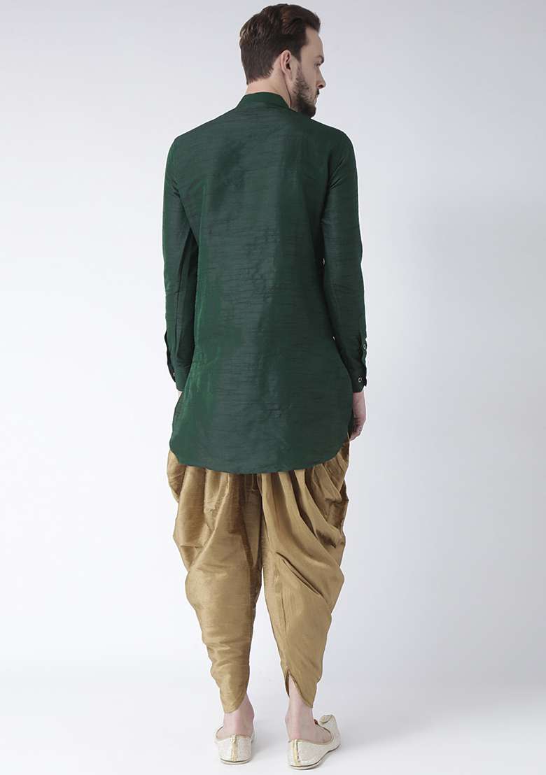 Green Embroidery Sequins Work Dupion Silk Blend Kurta Set For Men - Indya