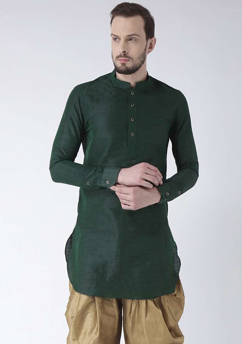 Green Embroidery Sequins Work Dupion Silk Blend Kurta Set For Men - Indya