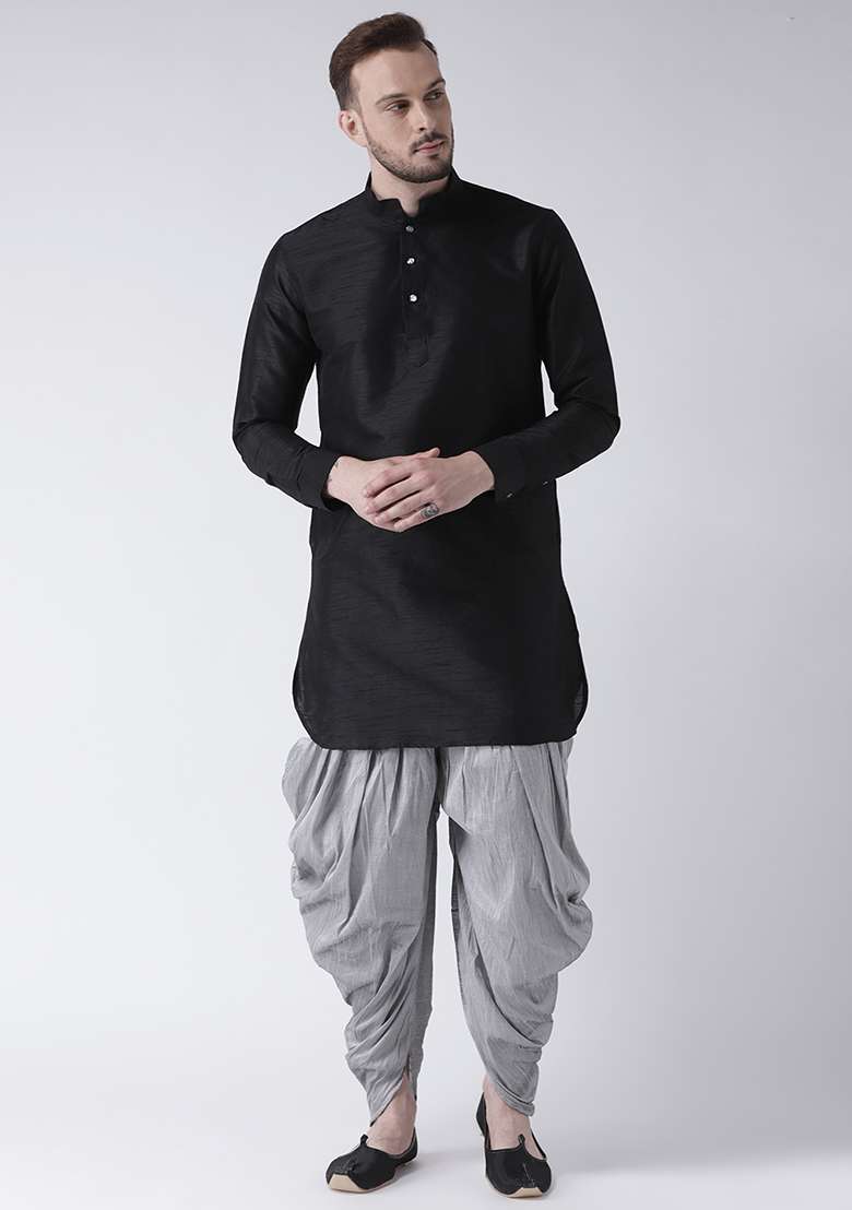 Black Embroidery Sequins Work Dupion Silk Blend Kurta Set For Men - Indya