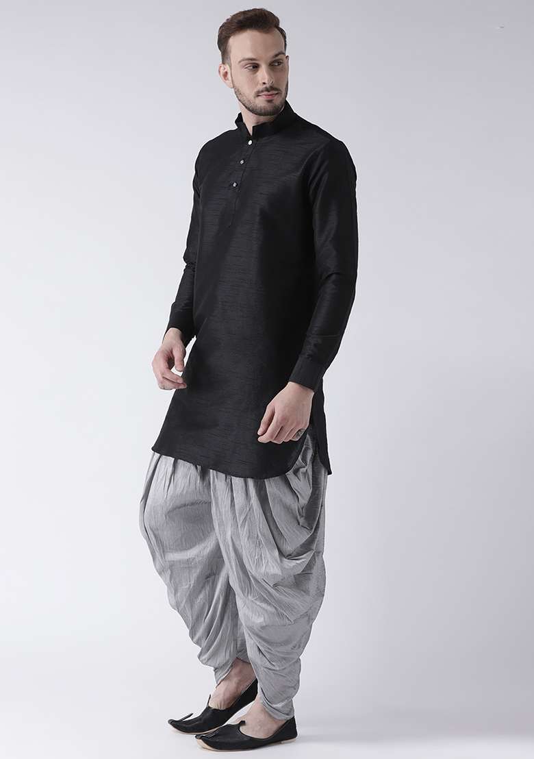 Black Embroidery Sequins Work Dupion Silk Blend Kurta Set For Men - Indya