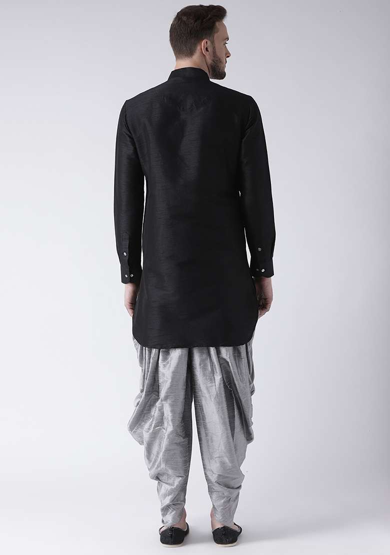 Black Embroidery Sequins Work Dupion Silk Blend Kurta Set For Men - Indya