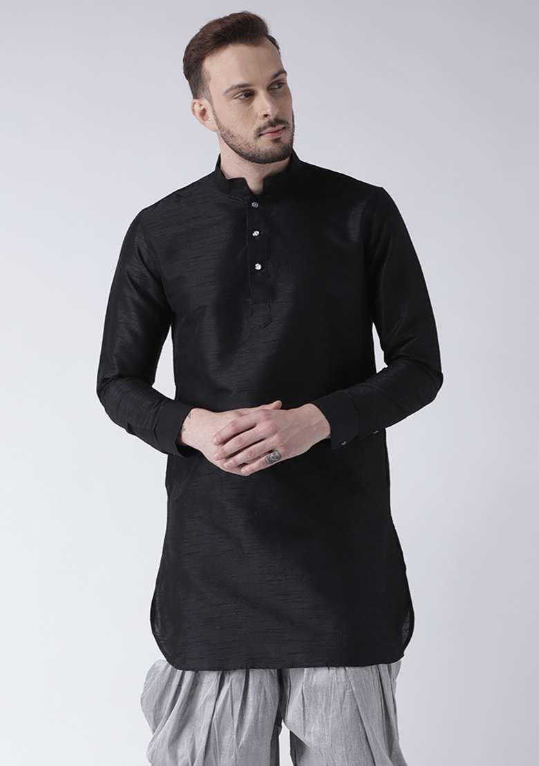 Black Embroidery Sequins Work Dupion Silk Blend Kurta Set For Men - Indya