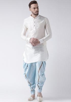 White Embroidery Sequins Work Dupion Silk Kurta Set For Men