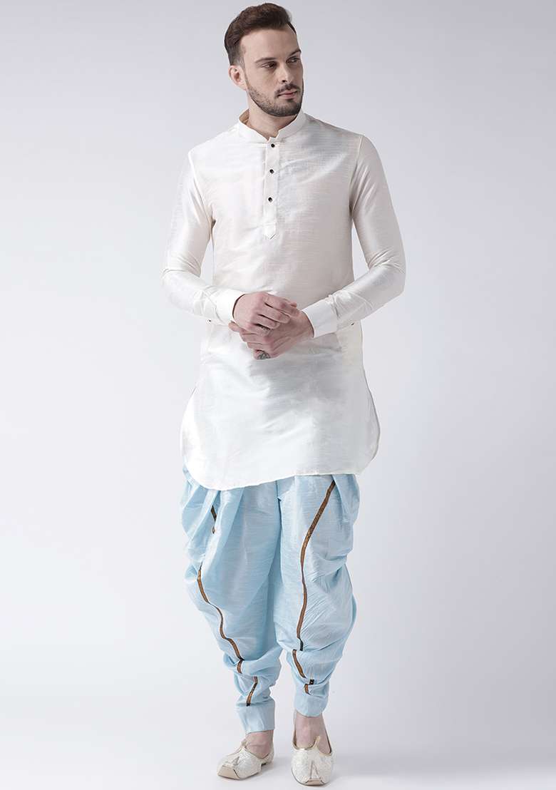White Embroidery Sequins Work Dupion Silk Blend Kurta Set For Men - Indya