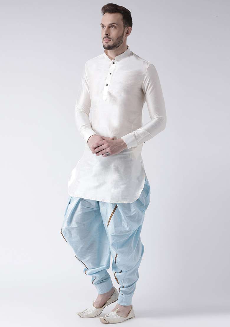 White Embroidery Sequins Work Dupion Silk Blend Kurta Set For Men - Indya