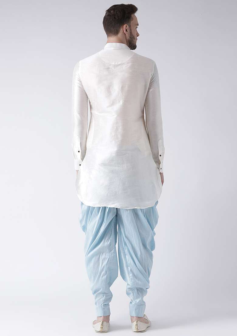White Embroidery Sequins Work Dupion Silk Blend Kurta Set For Men - Indya