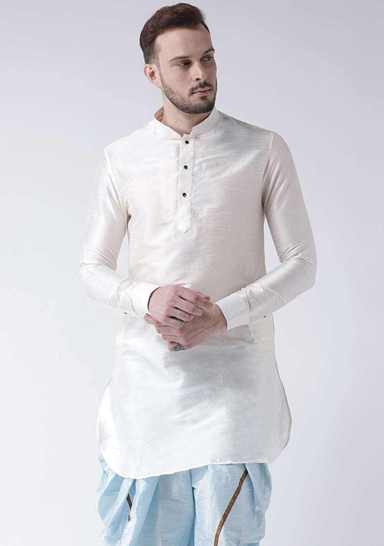 White Embroidery Sequins Work Dupion Silk Blend Kurta Set For Men - Indya